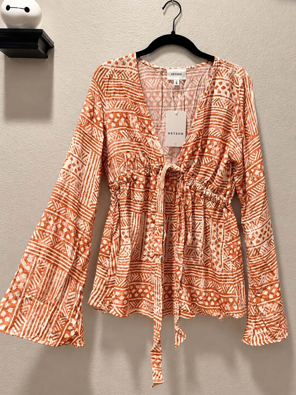 Heyson Yara Long Sleeve V-Neck Top Size M Burnt Orange Ecru Block Print